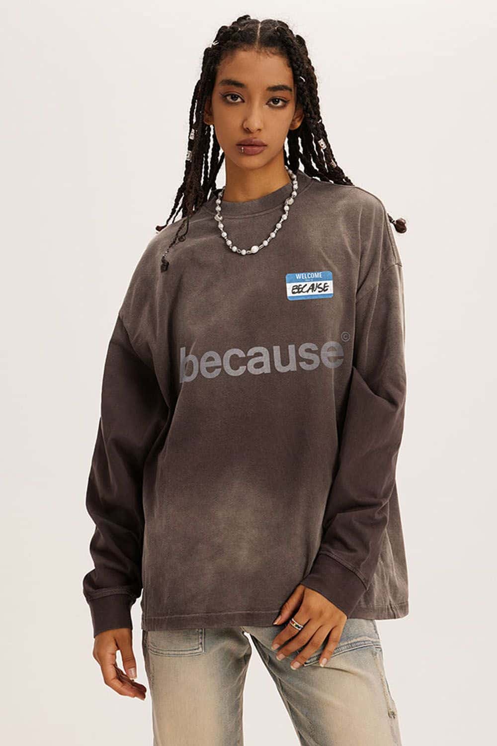 Washed Typographic Graphic Cotton Long-Sleeve T-Shirt in Coffee - front modeled close-up