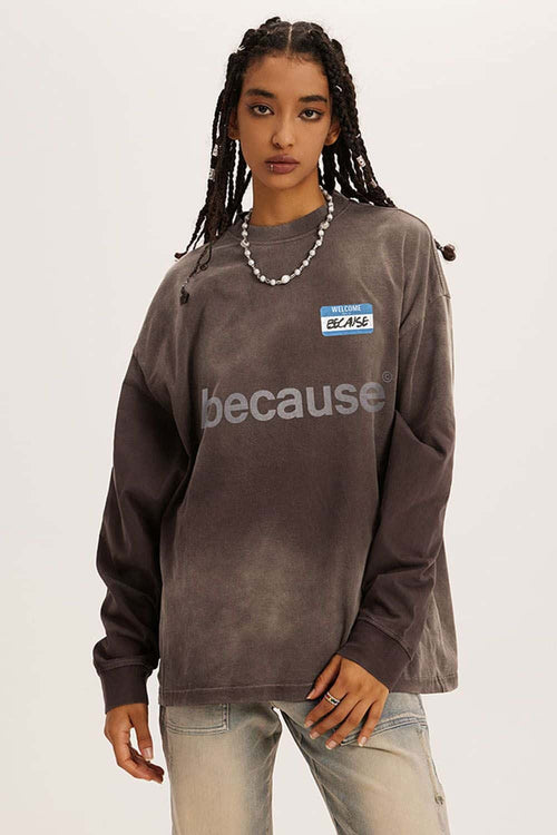 Washed Typographic Graphic Cotton Long-Sleeve T-Shirt in Coffee - front modeled close-up