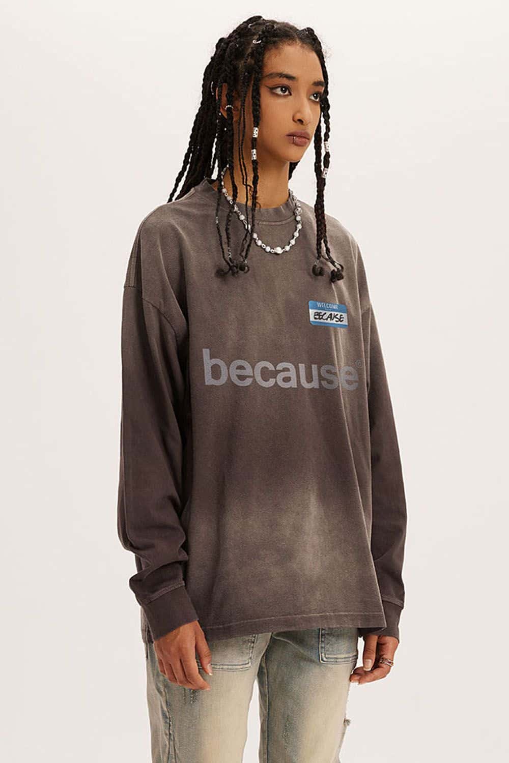 Washed Typographic Graphic Cotton Long-Sleeve T-Shirt in Coffee - three-quarter front modeled view