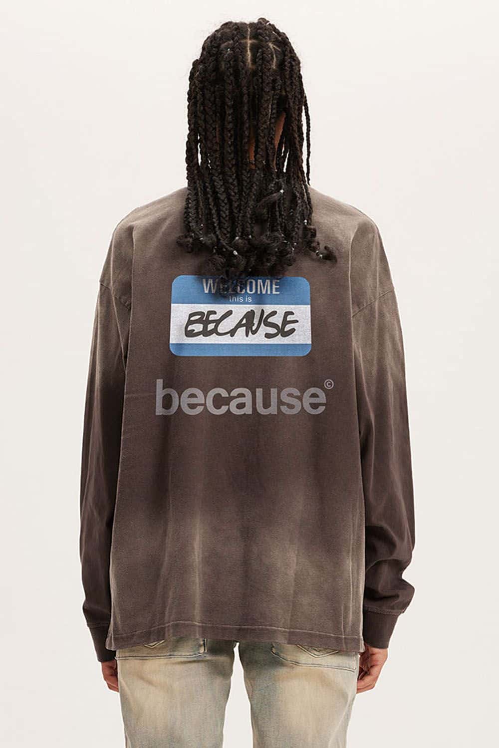 Washed Typographic Graphic Cotton Long-Sleeve T-Shirt in Coffee - back modeled view