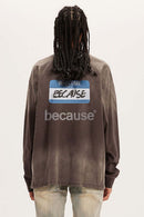 Washed Typographic Graphic Cotton Long-Sleeve T-Shirt in Coffee - back modeled view