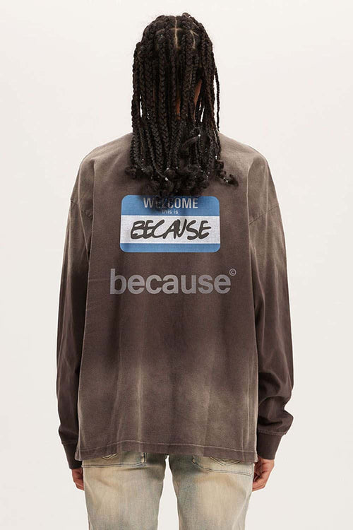 Washed Typographic Graphic Cotton Long-Sleeve T-Shirt in Coffee - back modeled view