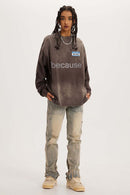 Washed Typographic Graphic Cotton Long-Sleeve T-Shirt in Coffee - full-length front modeled view