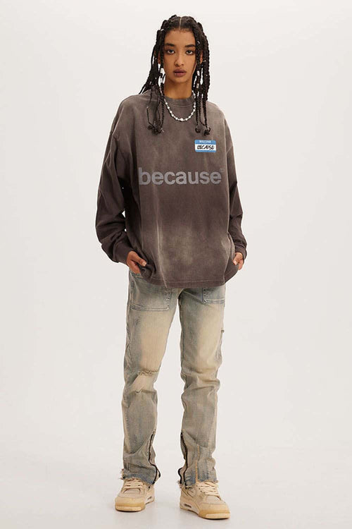 Washed Typographic Graphic Cotton Long-Sleeve T-Shirt in Coffee - full-length front modeled view