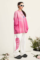 Washed Typographic Graphic Cotton Long-Sleeve T-Shirt in Rose Red - full-length front modeled view