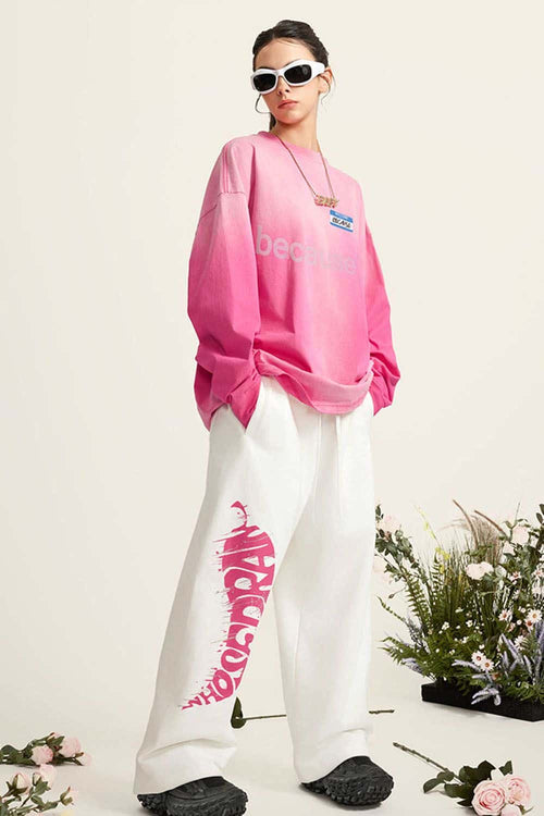 Washed Typographic Graphic Cotton Long-Sleeve T-Shirt in Rose Red - full-length front modeled view
