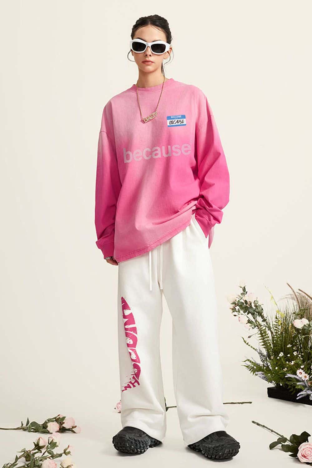 Washed Typographic Graphic Cotton Long-Sleeve T-Shirt in Rose Red - full-length front modeled view