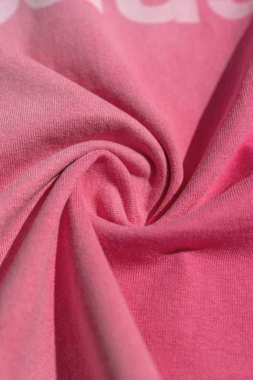 Washed Typographic Graphic Cotton Long-Sleeve T-Shirt in Rose Red - fabric texture close-up