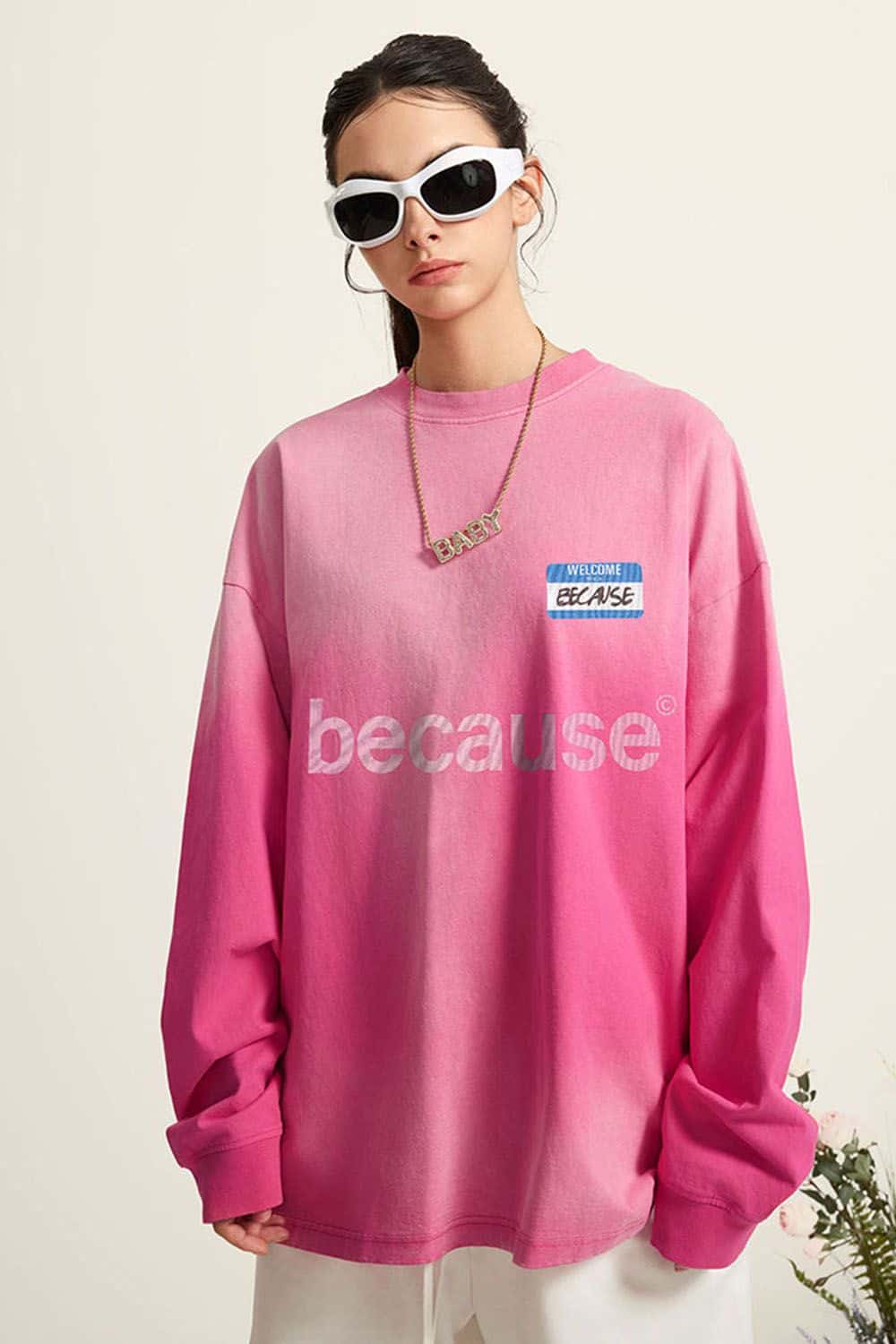 Washed Typographic Graphic Cotton Long-Sleeve T-Shirt in Rose Red - front modeled close-up