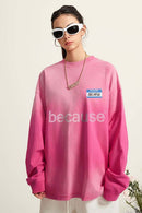 Washed Typographic Graphic Cotton Long-Sleeve T-Shirt in Rose Red - front modeled close-up