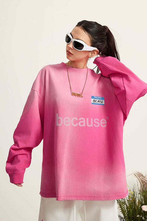 Washed Typographic Graphic Cotton Long-Sleeve T-Shirt in Rose Red - front modeled view