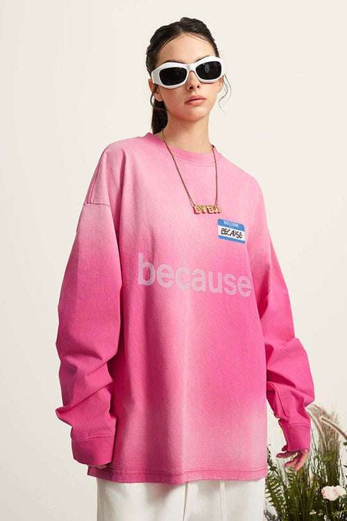 Washed Typographic Graphic Cotton Long-Sleeve T-Shirt in Rose Red - front modeled view