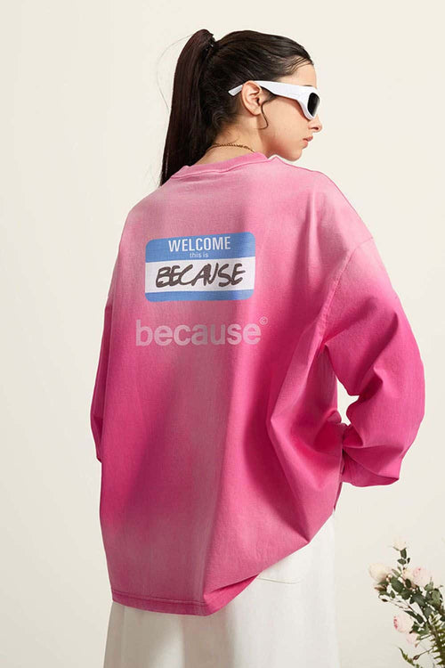 Washed Typographic Graphic Cotton Long-Sleeve T-Shirt in Rose Red - rear three-quarter modeled view
