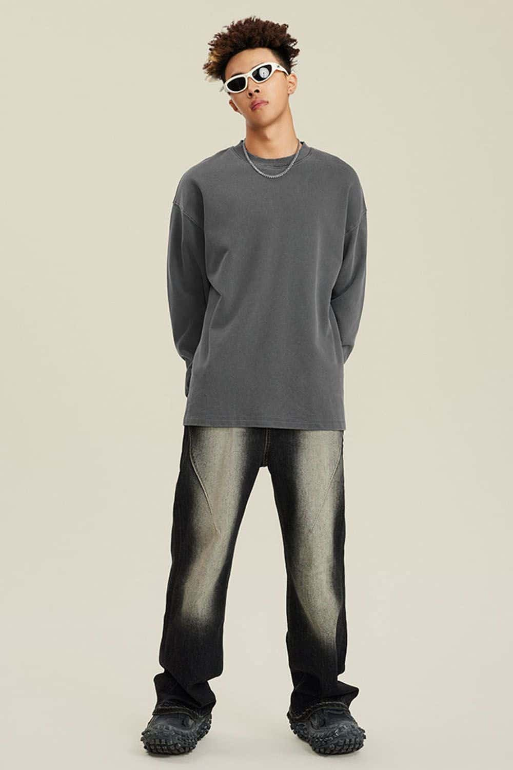 460G Heavyweight Washed Long-Sleeve T-Shirt with Split Hem