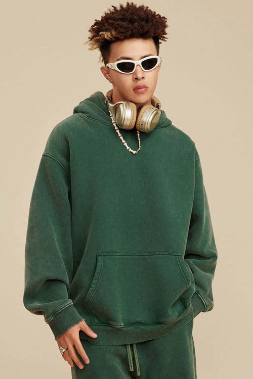 Heavyweight Washed Vintage Fleece Hoodie - Blackish Green