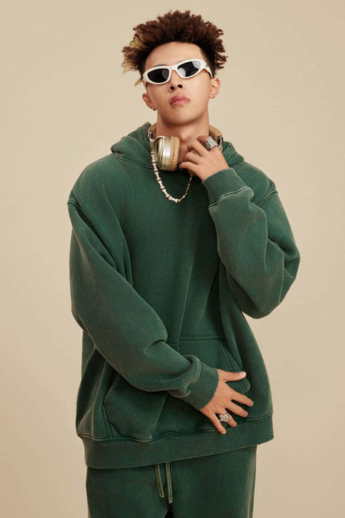 Heavyweight Washed Vintage Fleece Hoodie - Blackish Green