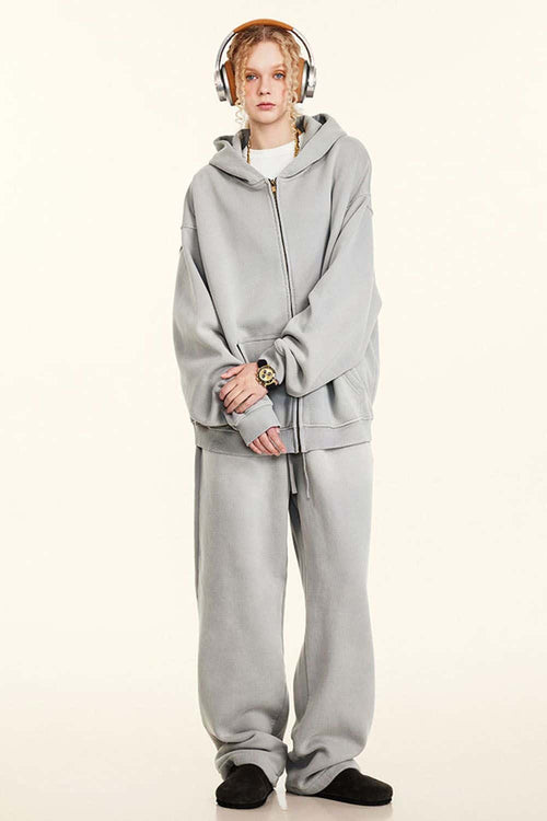 Vintage Gradient Fleece Zip-Up Hoodie - Light Gray