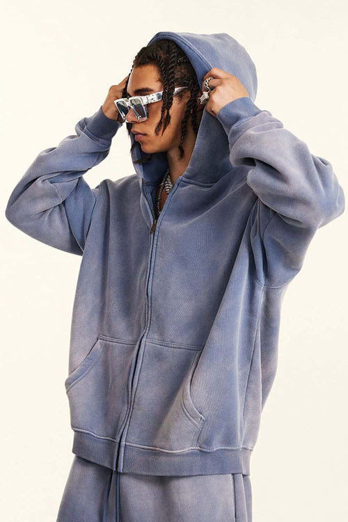 Vintage Gradient Fleece Zip-Up Hoodie - Blue