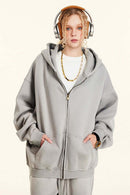 Vintage Gradient Fleece Zip-Up Hoodie - Light Gray