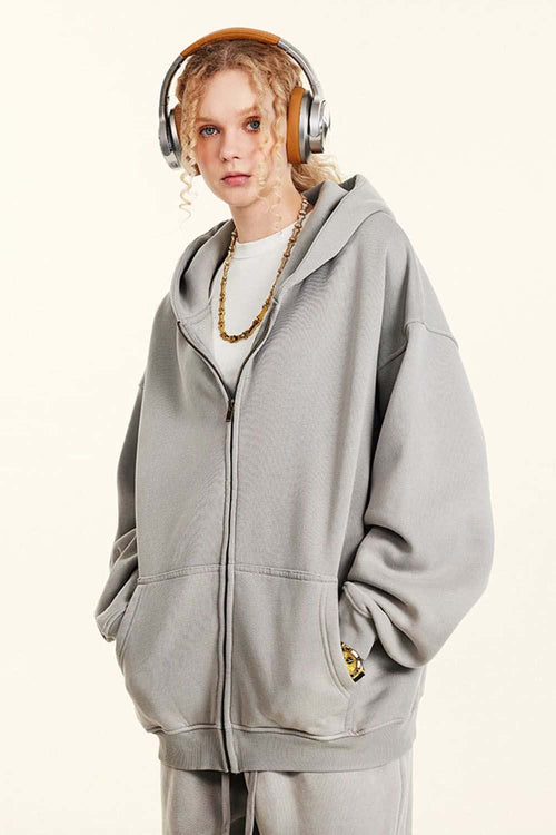 Vintage Gradient Fleece Zip-Up Hoodie - Light Gray