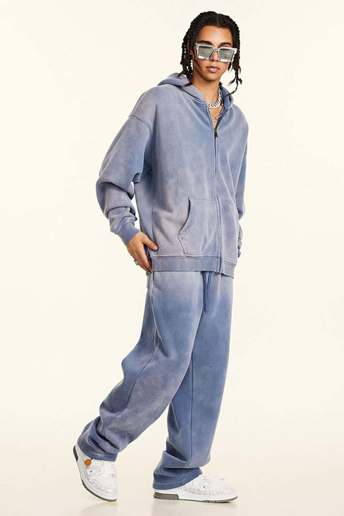 Vintage Gradient Fleece Zip-Up Hoodie - Blue