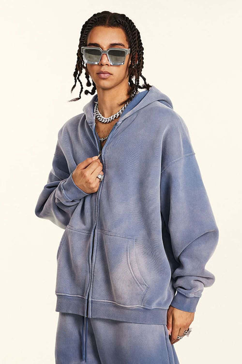 Vintage Gradient Fleece Zip-Up Hoodie - Blue