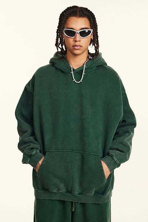 Washed Vintage Fleece Hoodie - Blackish Green