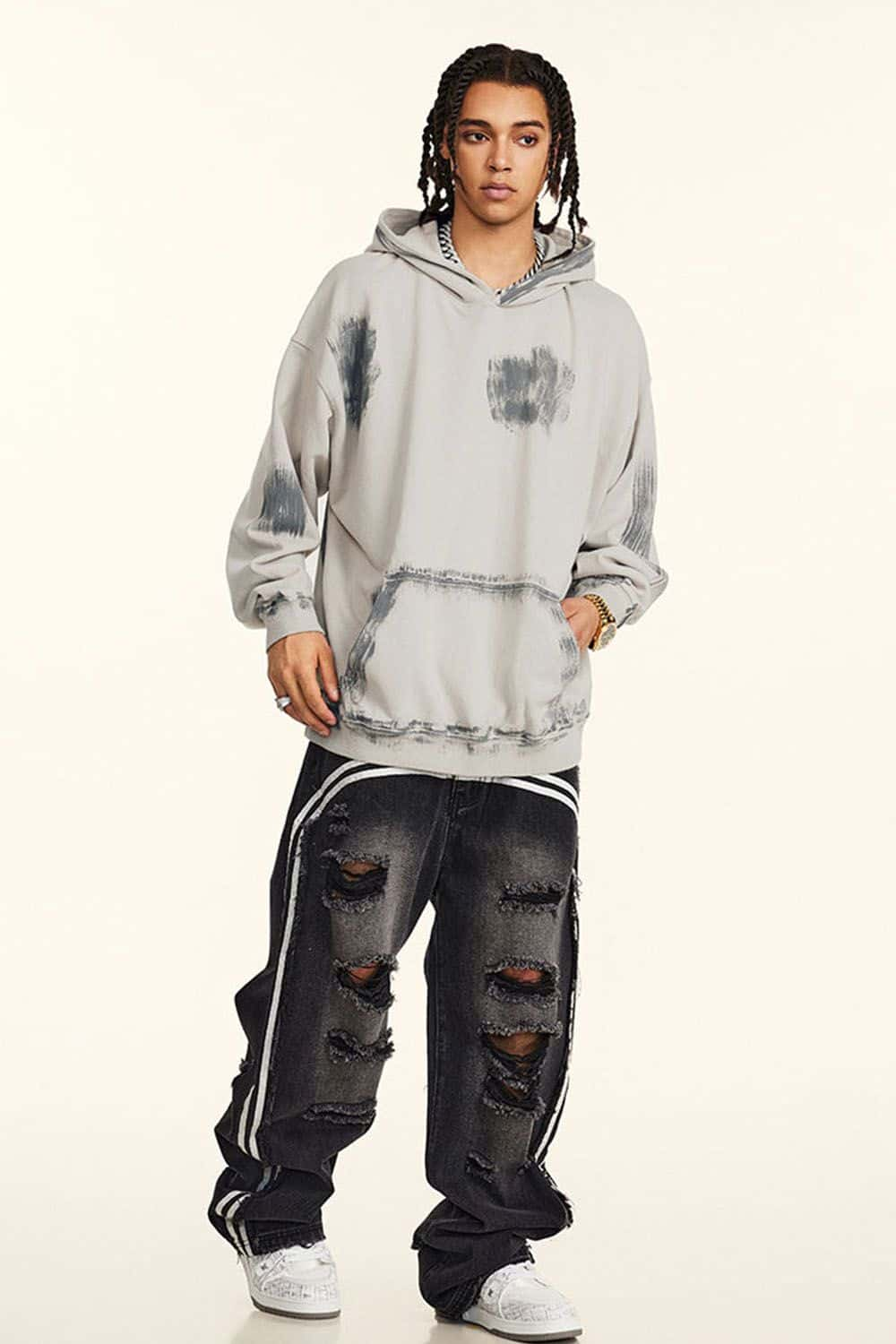 Heavyweight Distressed Paint-Splatter Hoodie