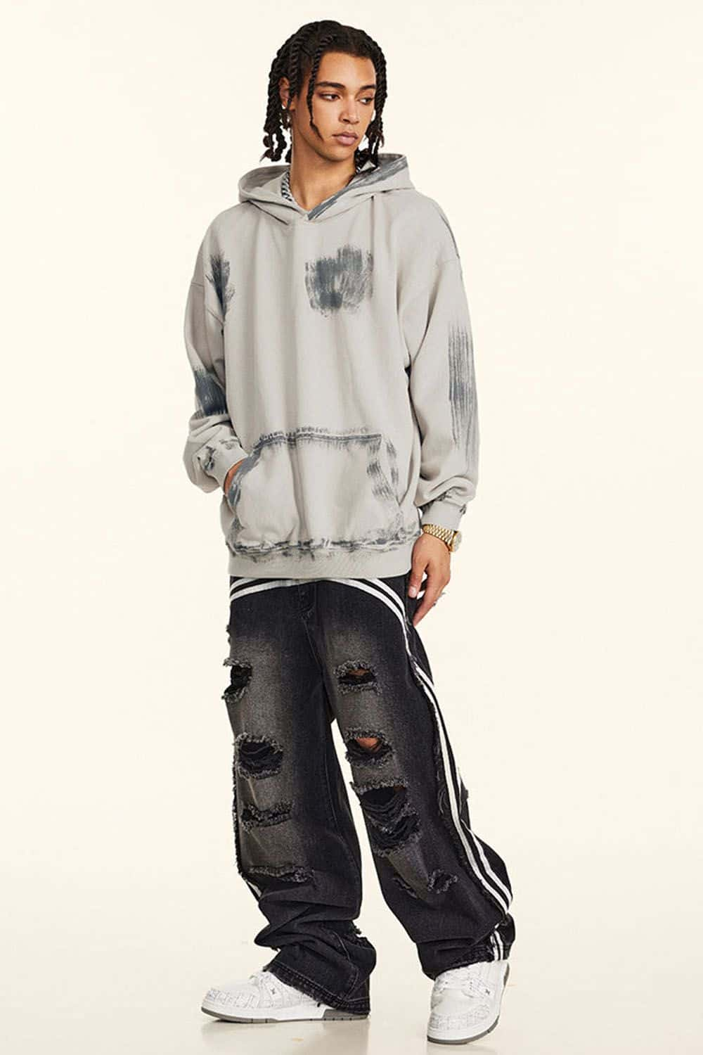 Heavyweight Distressed Paint-Splatter Hoodie