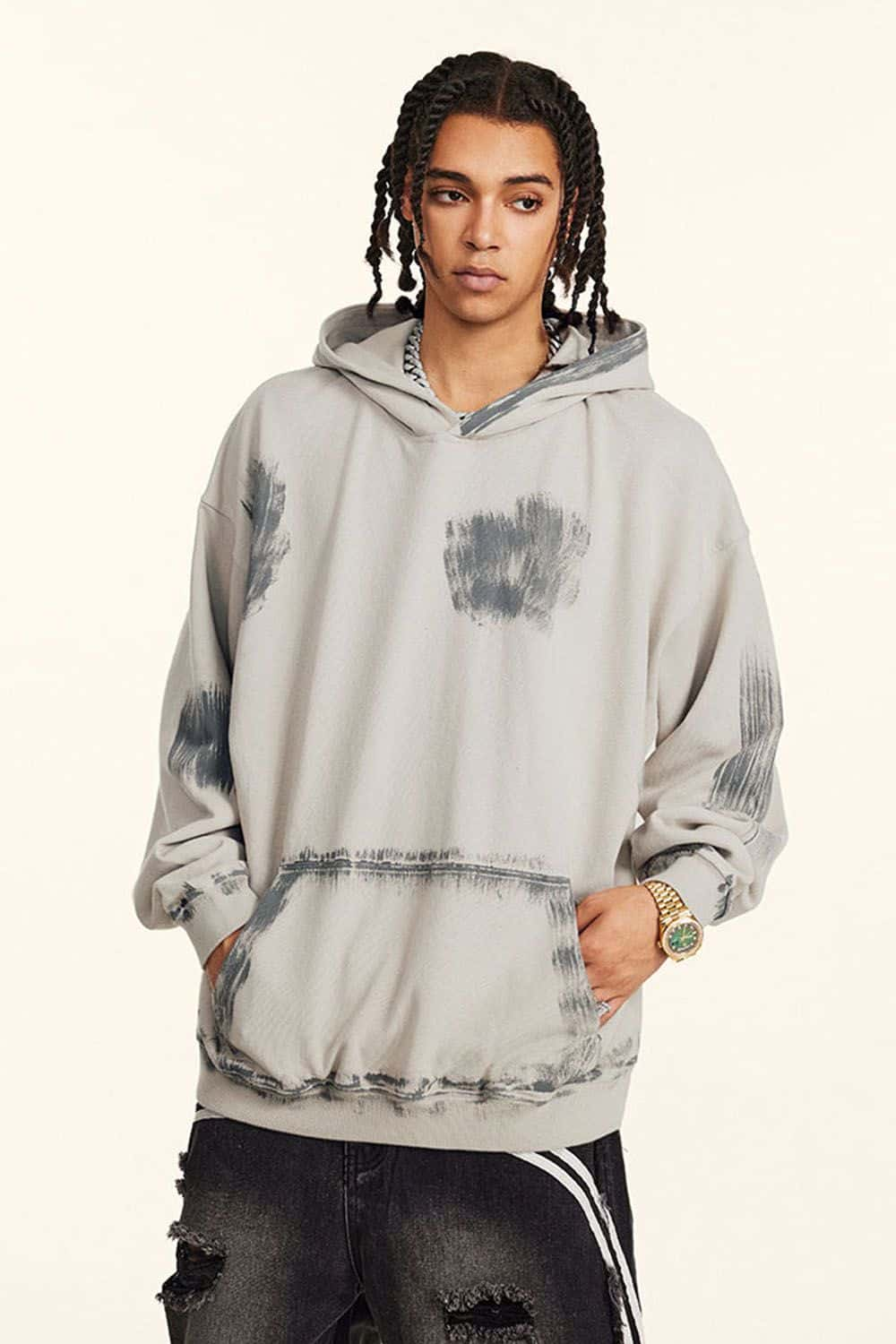 Heavyweight Distressed Paint-Splatter Hoodie