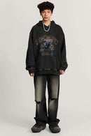 Heavyweight Wax-Dyed Collage-Graphic Cotton Hoodie in Fried Snowflakes - full-length front modeled view