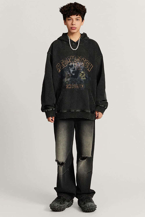 Heavyweight Wax-Dyed Collage-Graphic Cotton Hoodie in Fried Snowflakes - full-length front modeled view