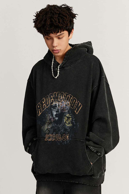 Heavyweight Wax-Dyed Collage-Graphic Cotton Hoodie in Fried Snowflakes - front modeled close-up