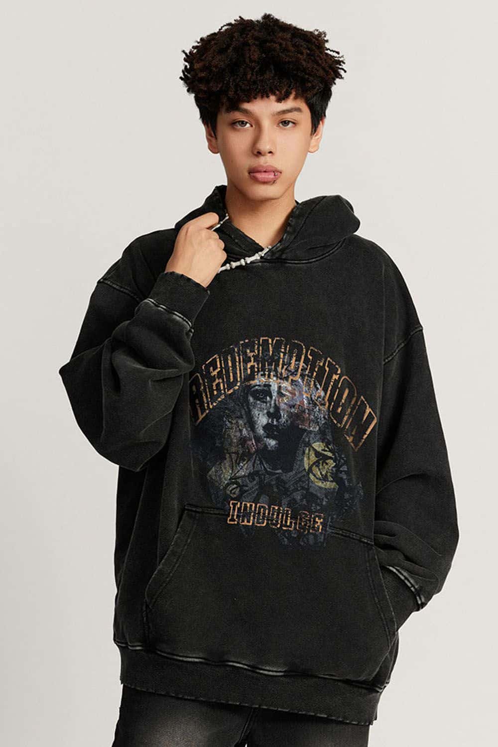 Heavyweight Wax-Dyed Collage-Graphic Cotton Hoodie in Fried Snowflakes - front modeled close-up