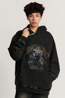 Heavyweight Wax-Dyed Collage-Graphic Cotton Hoodie in Fried Snowflakes - front modeled close-up
