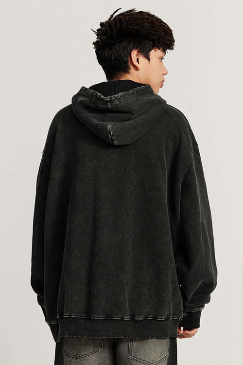 Heavyweight Wax-Dyed Collage-Graphic Cotton Hoodie in Fried Snowflakes - back modeled close-up