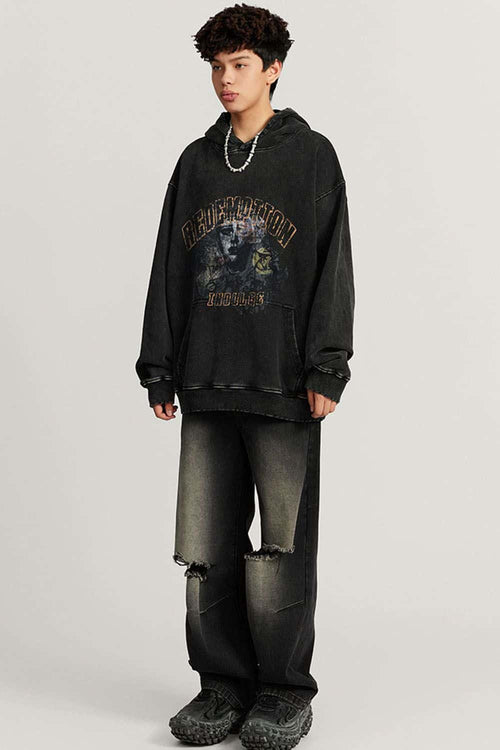 Heavyweight Wax-Dyed Collage-Graphic Cotton Hoodie in Fried Snowflakes - full-length front modeled view