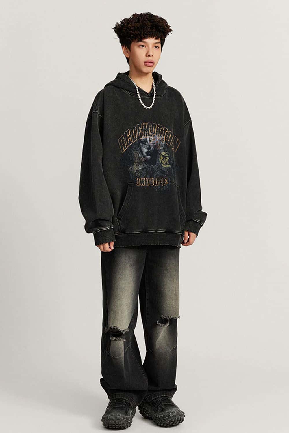 Heavyweight Wax-Dyed Collage-Graphic Cotton Hoodie in Fried Snowflakes - full-length front modeled view