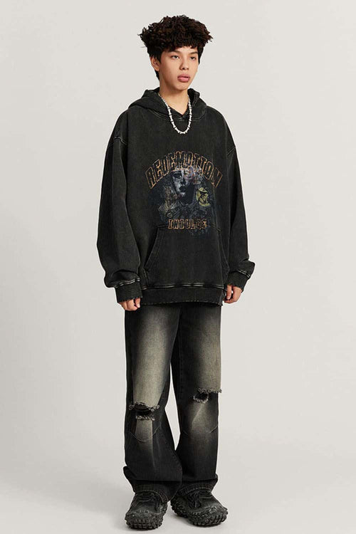 Heavyweight Wax-Dyed Collage-Graphic Cotton Hoodie in Fried Snowflakes - full-length front modeled view
