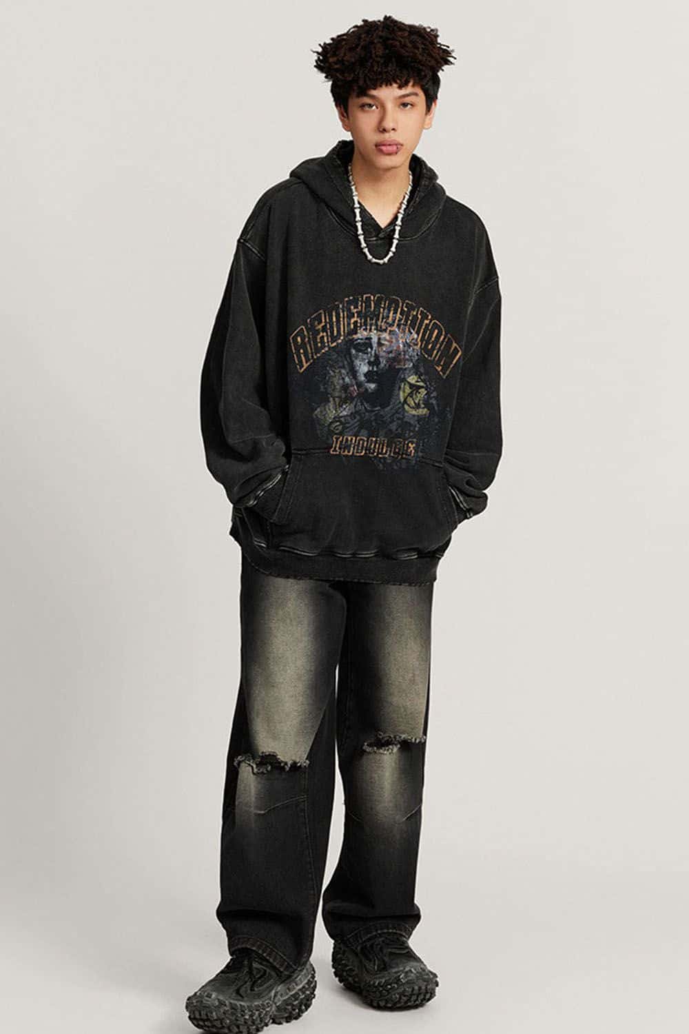 Heavyweight Wax-Dyed Collage-Graphic Cotton Hoodie in Fried Snowflakes - full-length front modeled view