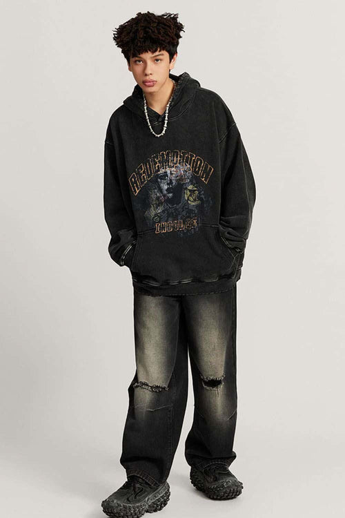 Heavyweight Wax-Dyed Collage-Graphic Cotton Hoodie in Fried Snowflakes - full-length front modeled view