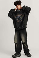 Heavyweight Wax-Dyed Collage-Graphic Cotton Hoodie in Fried Snowflakes - full-length front modeled view
