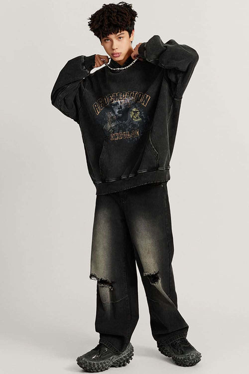 Heavyweight Wax-Dyed Collage-Graphic Cotton Hoodie in Fried Snowflakes - full-length front modeled view