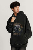 Heavyweight Wax-Dyed Collage-Graphic Cotton Hoodie in Fried Snowflakes - front modeled close-up