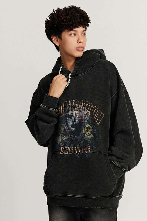 Heavyweight Wax-Dyed Collage-Graphic Cotton Hoodie in Fried Snowflakes - front modeled close-up