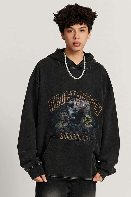 Heavyweight Wax-Dyed Collage-Graphic Cotton Hoodie in Fried Snowflakes - front modeled close-up