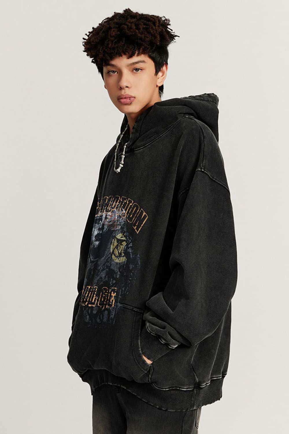 Heavyweight Wax-Dyed Collage-Graphic Cotton Hoodie in Fried Snowflakes - three-quarter front modeled view