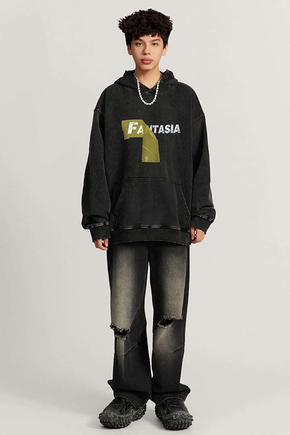 Heavyweight Washed Number-Graphic Cotton Pullover Hoodie in Fried Snowflakes - full-length front modeled view