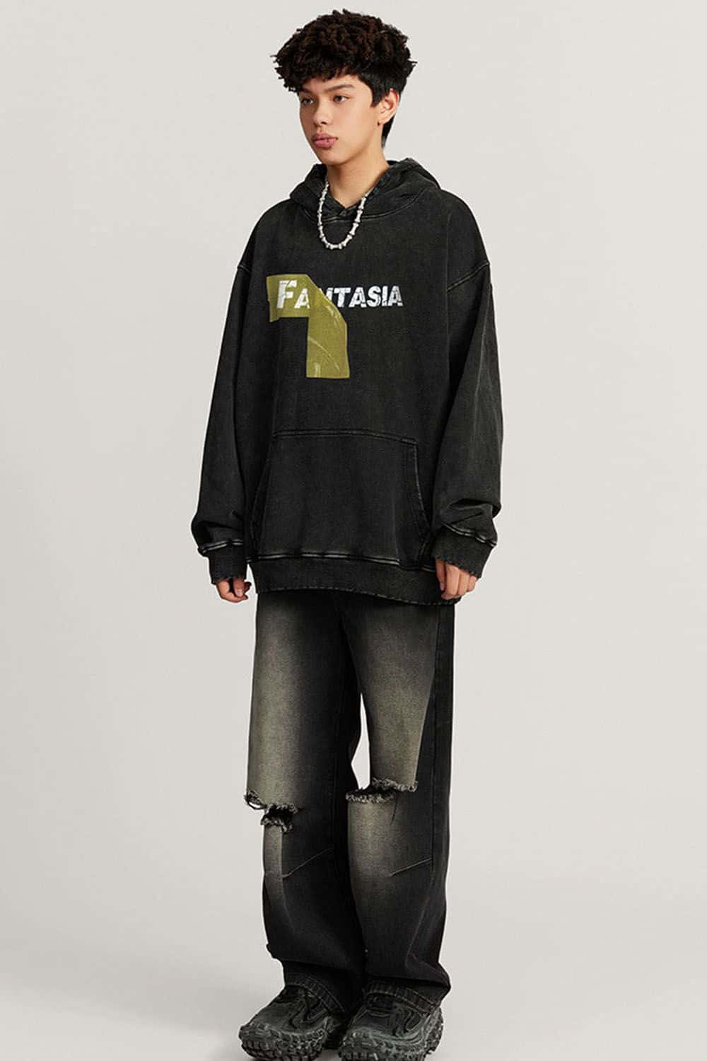 Heavyweight Washed Number-Graphic Cotton Pullover Hoodie in Fried Snowflakes - full-length front modeled view