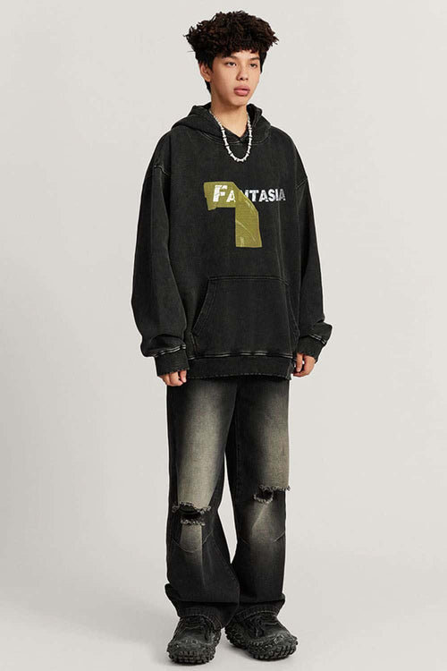 Heavyweight Washed Number-Graphic Cotton Pullover Hoodie in Fried Snowflakes - full-length front modeled view